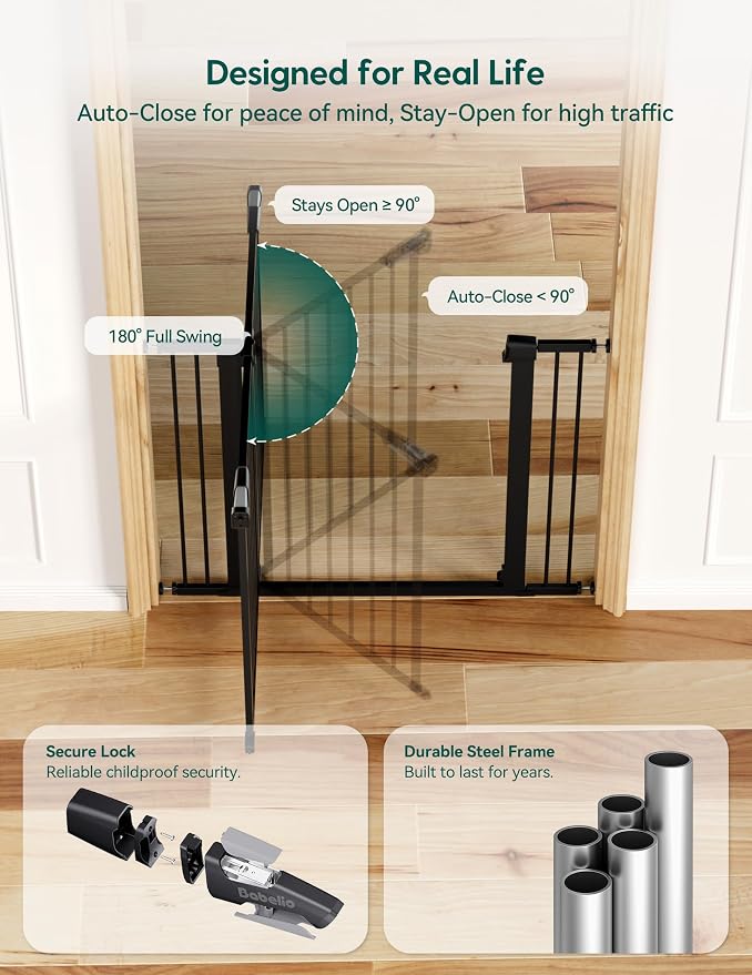 Babelio 26-40" Wide Baby Gate for Stairs & Doorways, 3 Ways Locking System with Auto-Close, Pressure Mounted No Drilling, Easy Install for Stairs, Hallway, Kitchen, Indoor Use, Black (2 Pack)
