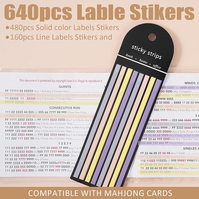 640 pcs Mahjong Card Line Finder Highlighter Tape, Mahjong Line Highlighter Stripe, Transparent Sticky Card Markers Tabs, Mahjong Game Rule Reader, Reusable & No Adhesive Residue (Solid color + Lines)