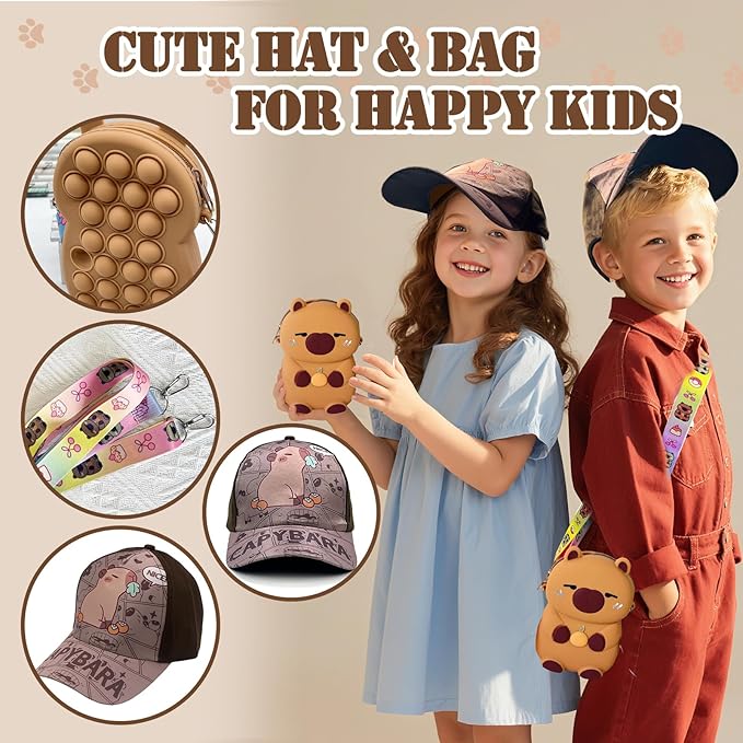 Capybara Plush Gifts for Girls & Boys Ages 4 5 6 7 8 9 10+ Kids Capybara Toys with Stuffed Animal/Keychain/Water Toy/Scene Sticker/Bag/Bath Towel/Cap, Gifts Set for Christmas Birthday