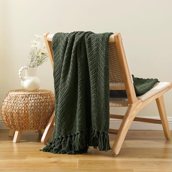 BATTILO HOME Olive Green Chenille Throw Blanket for Bed, 50" x 60" | Knit Throw Blanket, Super Soft Warm Home Decor Throw Blanket with Tassels for Couch,Sofa and Living Room