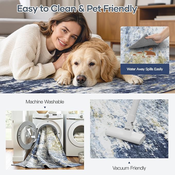 5x7 Area Rug for Living Room, Abstract Washable Non-Slip Rugs, Dark Blue | Neutral Carpet for Bedroom, Dining Room, Home Office, Nursery,Indoor, Stain Resistant, Low Pile, Non-Shedding Modern Rug