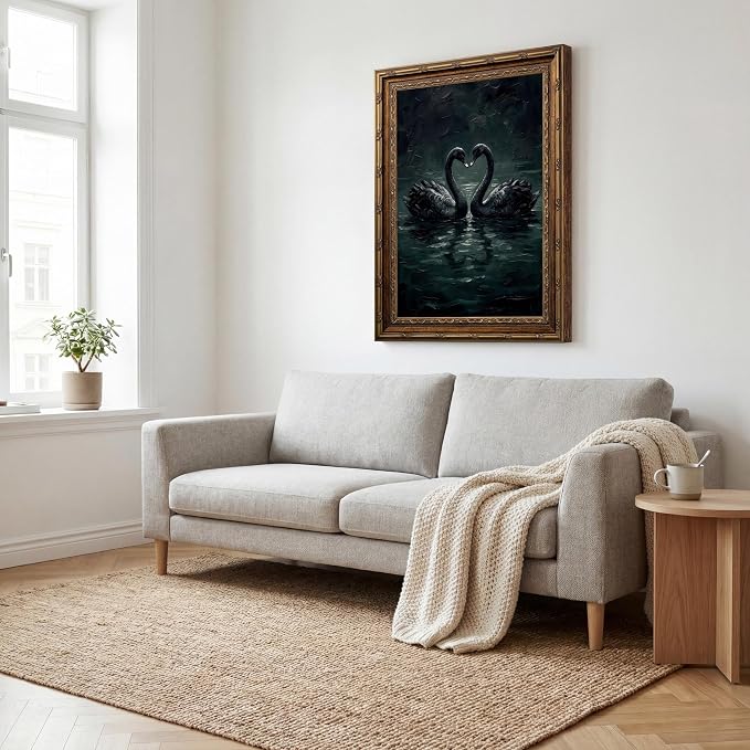 Vintage Gold Framed Gothic Wall Art Moody Love Black Swan Canvas Print | Dark Academia Swan Painting Print, Romantic Vintage Animal Poster Picture Wall decor for Bedroom Living Room Office 12x16 In