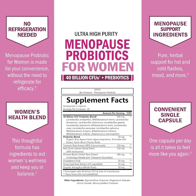 Menopause Supplements for Women - 40 Billion CFU Menopause Probiotics for Women - Support for Hot Flashes Night Sweats Mood Swings and Balance - Non-GMO, 30 Easy-Swallow Capsules, 30 Servings