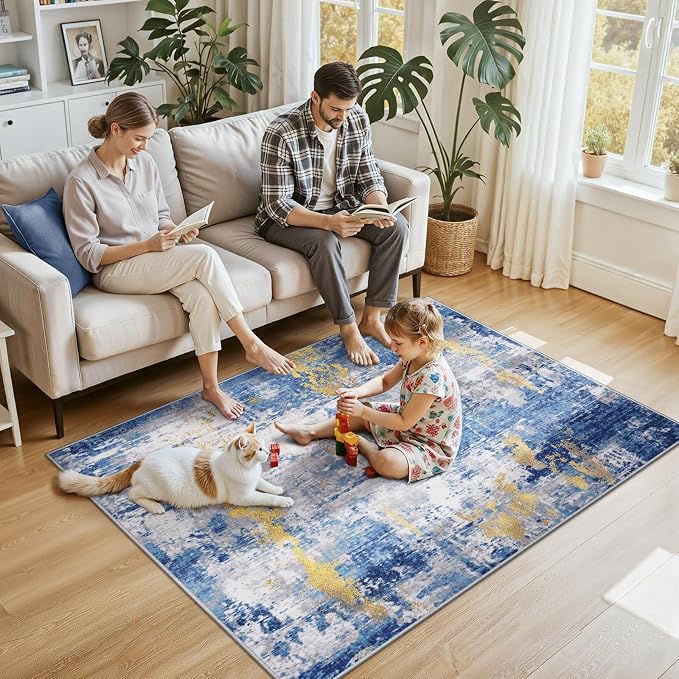 RELEANY Washable 4'x6' Abstract Area Rug for Living Room Blue Gold | carpet for bedroom, kitchen, office, hallway and entryway, printed pattern, non-slip, soft, stain-resistant, easy to clean