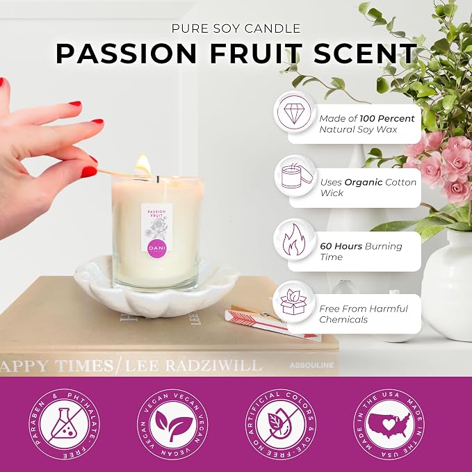 DANI Naturals Passion Fruit 100% Soy Wax Candle, Non-Toxic, 7.5oz | Vegan,soy wax candle,Clean-burning with organic cotton wick,Bright tropical passion fruit scent,Made in USA