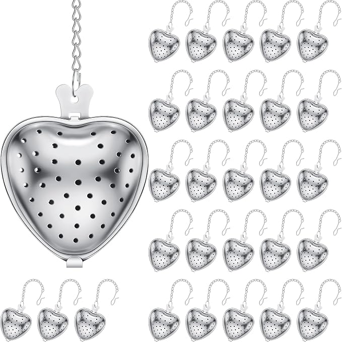 Sumind 50 Pcs Stainless Steel Tea Strainer Ball Infuser Loose Leaf Steeper Interval Diffuser Heart Shape Mesh Filters with Extended Chain Hook for tea party Seasonings Cup Bottle(Silver)
