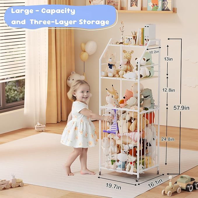 Stuffed Animal Storage Zoo 3 Tier - Large Stuffed Animals Holder Wood and Metal Plush Toy Storage with Brake Wheels Space Saver for Kids Playroom Bedroom Nursery(57.9”H)