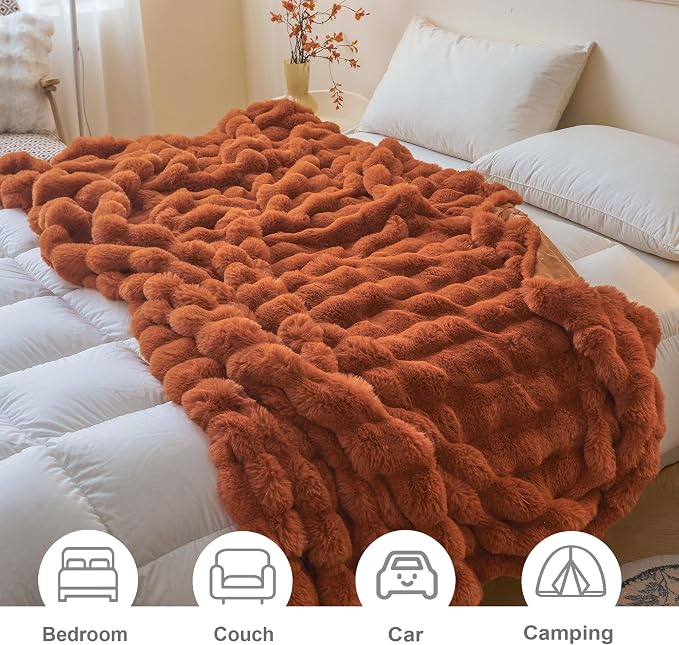 LIFEREVO Luxury Fluffy Faux Rabbit Fur Throw Blanket 60x80, Burnt Orange | Plush Fuzzy Bubble Lap Throw for Couch Sofa Office, Soft Cozy Furry Bed Blanket Home Decoration, Washable & Skin-friendly