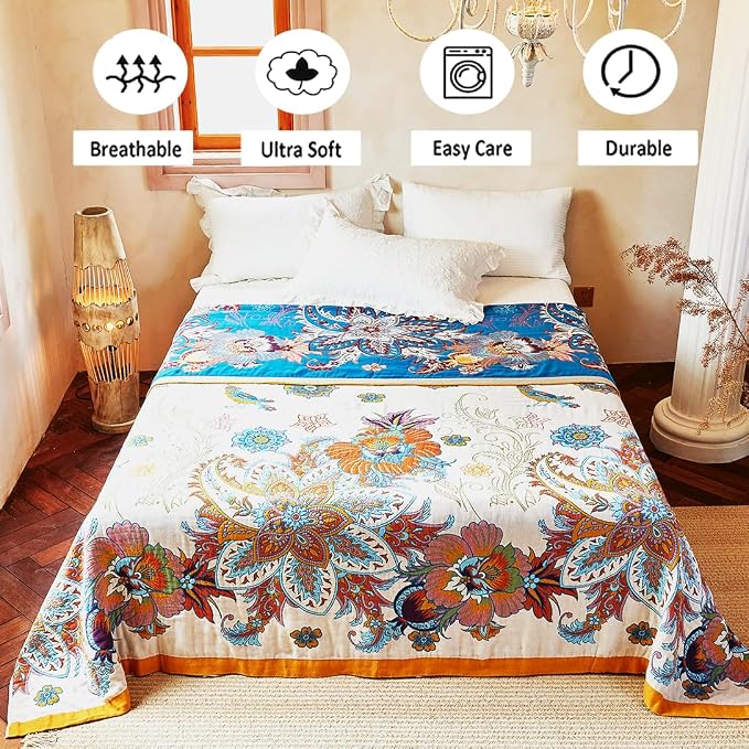 VANJOROY Boho Throw Blanket, 100% Organic Cotton Breathable Skin-Friendly Ultra Soft Bed Quilt Throw - All Season Floral Bird Farmhouse Décor Luxury Blanket for Sofa Couch Chair and Gift. 60" x 80"