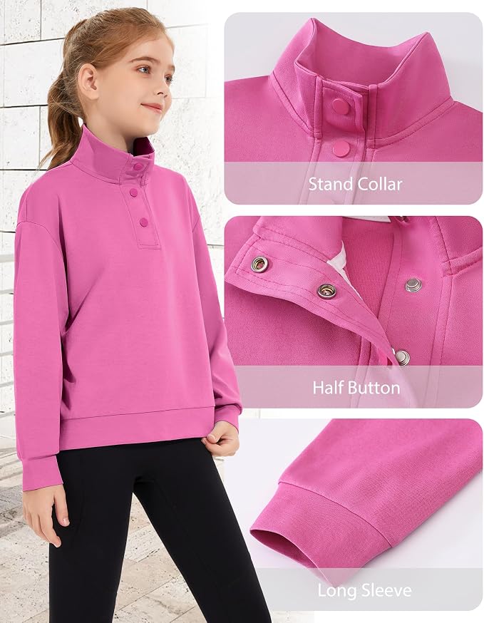 Girls Long Sleeve Collared Shirt Button Down Mock Neck Sweatshirt Athletic Cycling Clothing for Kids 5-14Years