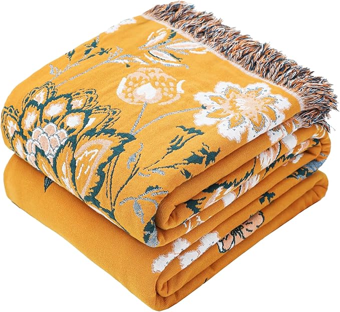 VANJOROY Boho Large Throw Blanket, 100% Organic Cotton Breathable Soft Bed Throw - Floral Bird Farmhouse Decor Blanket for Sofa Couch Chair Quilt and Gift. (Flower-Art, 91" x 98")