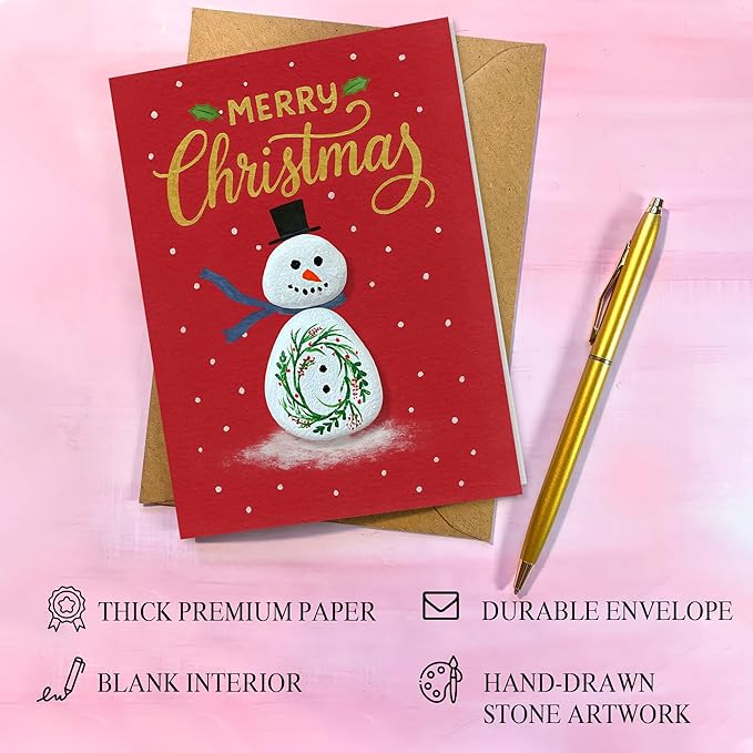Handmade Snowman Christmas Greeting – Pebble Art Holiday Design with Envelope – Small Happy Holidays Mini, Winter-Themed Stationery, Unique Handmade Gift for Christmas
