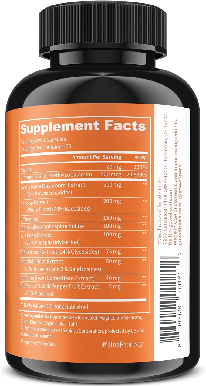 WellPath Mind Brain Supplement for Memory and Focus with Lion's Mane | Ginkgo Biloba and L-Theanine for Long Term Cognitive Support | Vegan, Non-GMO, 60 Ct