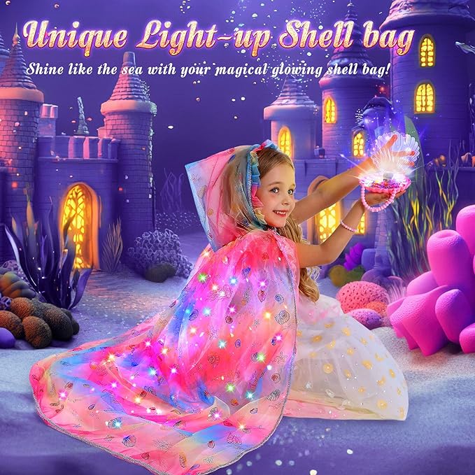 Fedio Mermaid Toys Princess Dress up for Girls,Mermaid Light Up Princess Cape Set,Toddler Dress up Toys Christmas Birthday Halloween Gifts for 3-8 Years Old