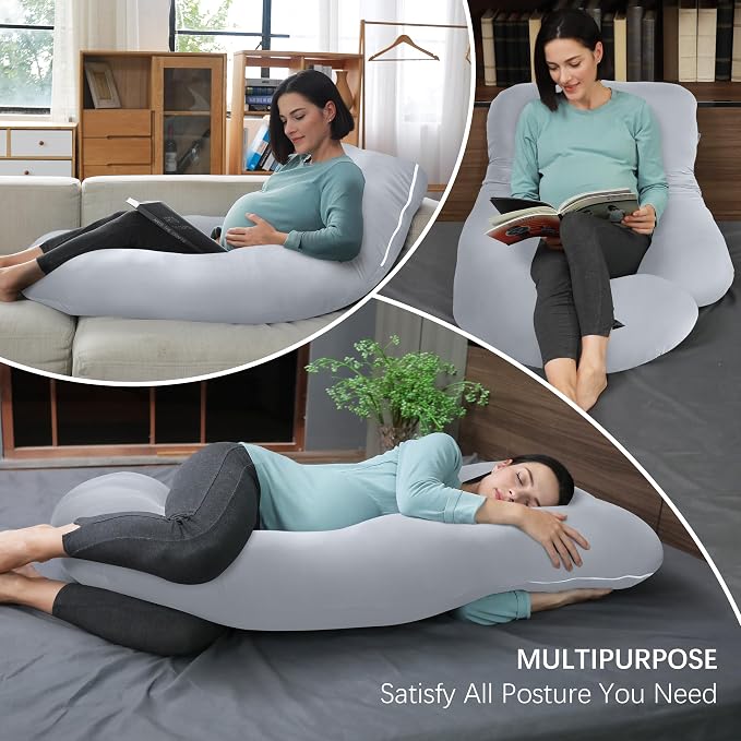 MOON PARK Pregnancy Pillows for Sleeping - U Shaped Full Body Maternity Pillow with Removable Cover - Support for Back, Legs, Belly, HIPS - 65 Inch - Light Grey - Cooling Cover