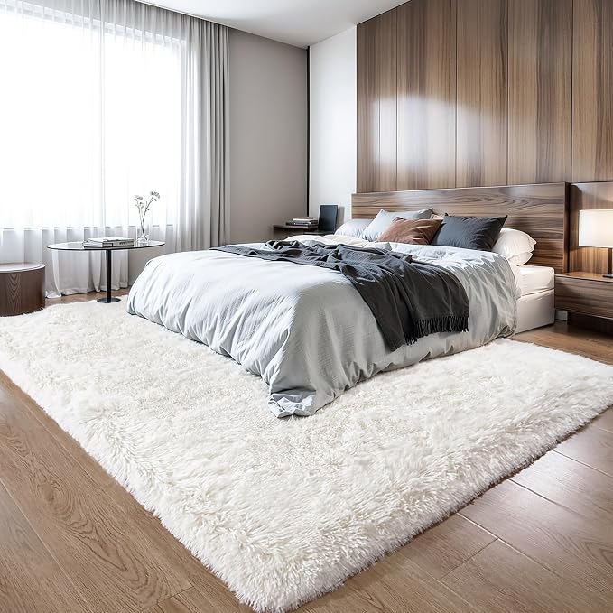 KICHOWUA 4x6 Thick Cream White Fluffy Shag Plush Washable Rug for Bedroom | Area Rug for Living Room, Kids Nursery, Boys Girls Dorm Room, Non Slip Shaggy Carpet