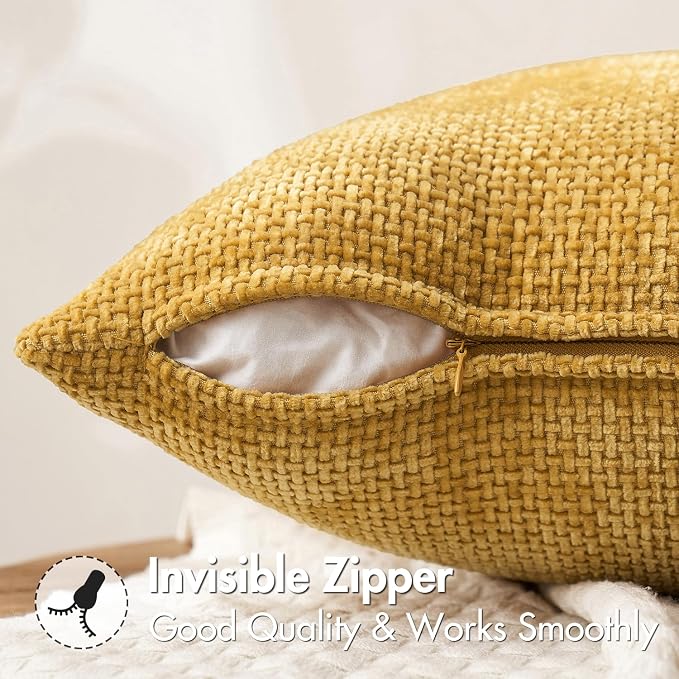 MIULEE Decorative Gold Euro Sham Throw Pillow Covers 24x24 Inch 2 Pack | Mustard Yellow, Modern Boho Accent, Soft Chenille Pillow Covers, Farmhouse Cushion Cases for Home Decor Bed Sofa Living Room