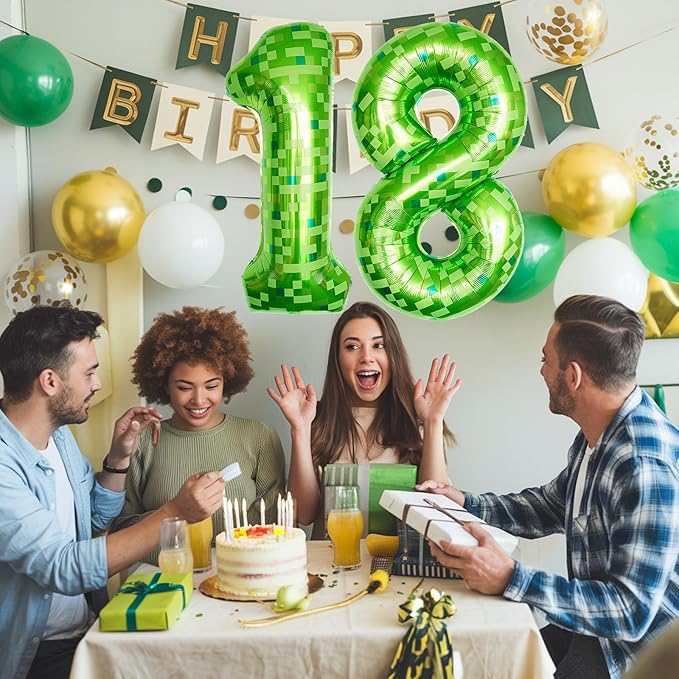 Number 18th Birthday Balloon Lime Green Pixel, 40 Inch Large Dark Kelly Green Number 18 Foil Balloons for Men 18 Year Old Birthday Video Game Forest Golf Patrick's Day Party Decorations Supplies