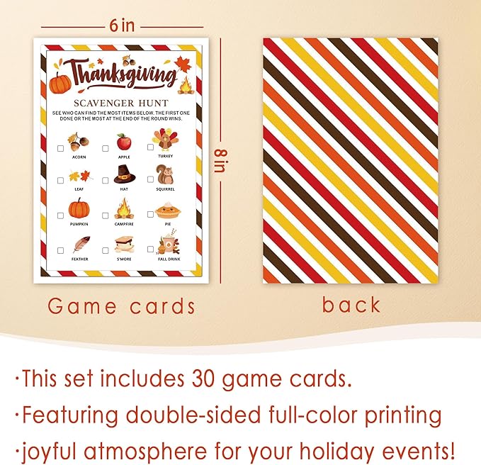 Thanksgiving Party Icebreaker Games Cards - Thanksgiving Scavenger Hunt Game Cards for 30 Guests, Turkey Dinner Party Activity for Teens Adults Party Favor and Supplies, 5 x 7 inches