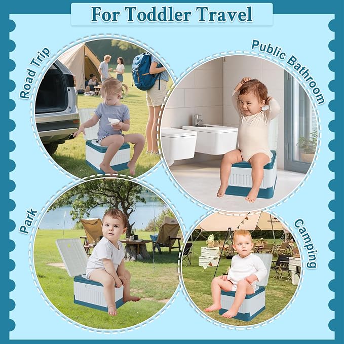 Portable Potty Seat for Toddler Travel, Foldable Training Toilet Seats | Emergency Mobile Toilet, for Kids Boys Girls, for Car Camping Outdoor Indoor, with 60 Disposable Cleaning Bags, Storage Bag
