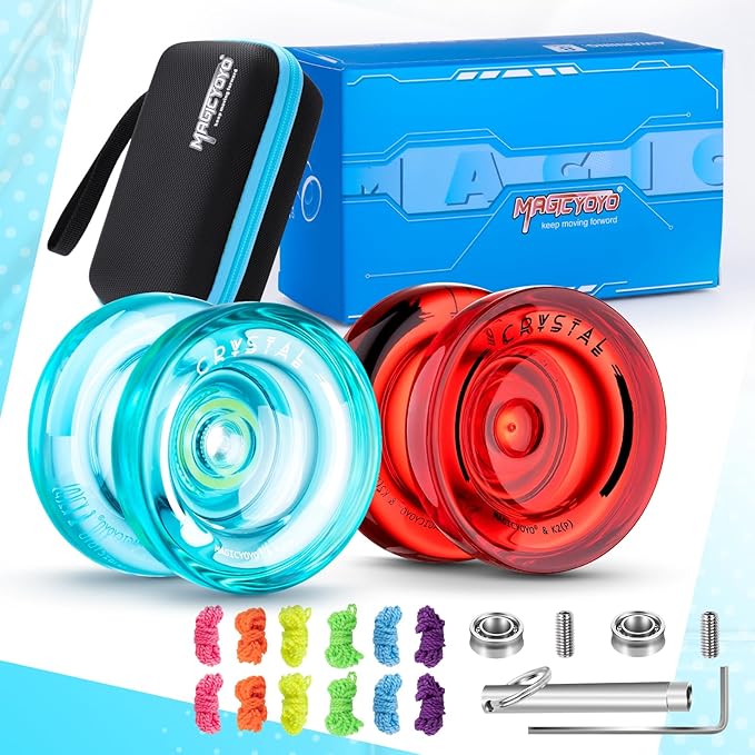 MAGICYOYO K2 Crystal Yoyo Responsive Yoyo for Kids, Plastic Yo Yo Professional with Unresponsive Bearing + 12 Yo-yo Strings, Yo-yo Storage Case, Bearing Removal, Axle Tool (Red + Green)
