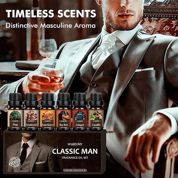 WUSEONY Classic Man Fragrance Oils Set, Mens Essential Oils Set - Pine, Sweet Tobacco, Bay Rum, Cologne, Copaiba, Sandalwood Candle Scents for Candle Making, Soap Making Supplies, Diffuser Oil Scents