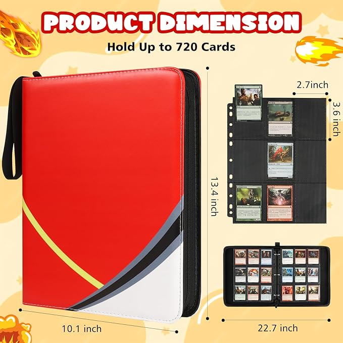 9 Pocket Card Binder for Pokemon Card, 720 Pockets Card Binder Holder with 40 Removable Sleeves, 3-Ring Zip Design Trading Card Albums for MTG/TCG/Sport Collectible Gifts for Boys and Girls (Red)