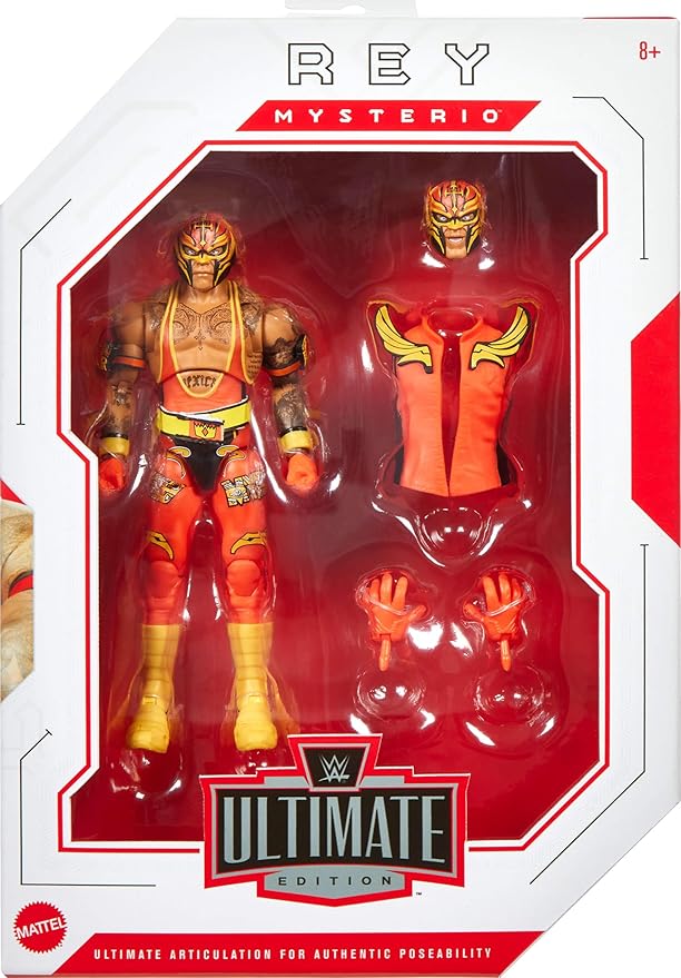 Mattel WWE Ultimate Edition Action Figure & Accessories, 6-inch Rey Mysterio Collectible Set with Swappable Heads & Hands, 30 Articulation Points