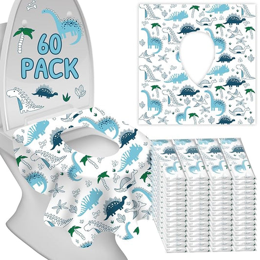 Disposable Toilet Seat Covers for Kids & Adults,Protect from Public Toilets While Potty Training or Travel - Extra Large, Waterproof, Portable -Blue Dinosaur (60pack）