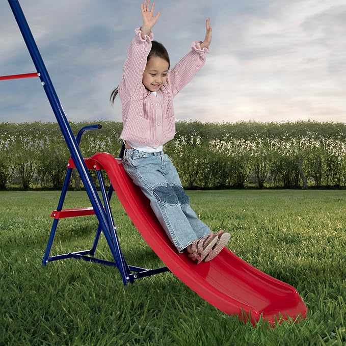 Delta Children FunZone Outdoor Metal 4-Piece Swing Set - Includes 2 Swings, 1 Disc/Saucer Swing and Slide, Blue/Red