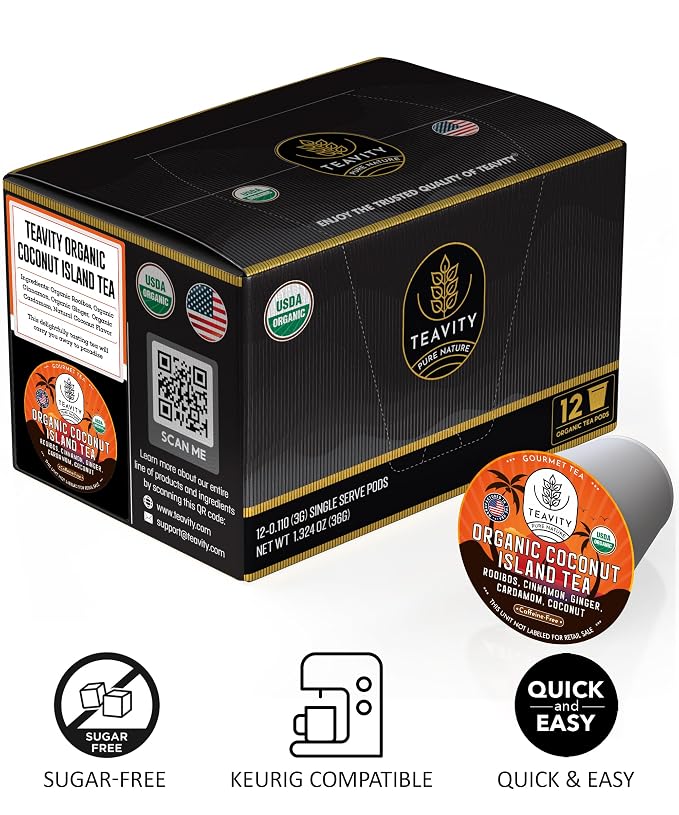 Coconut Island Teavity Organic Ginger Cinnamon Cardamom Rooibos Tea Pods for Keurig (12 Pods)