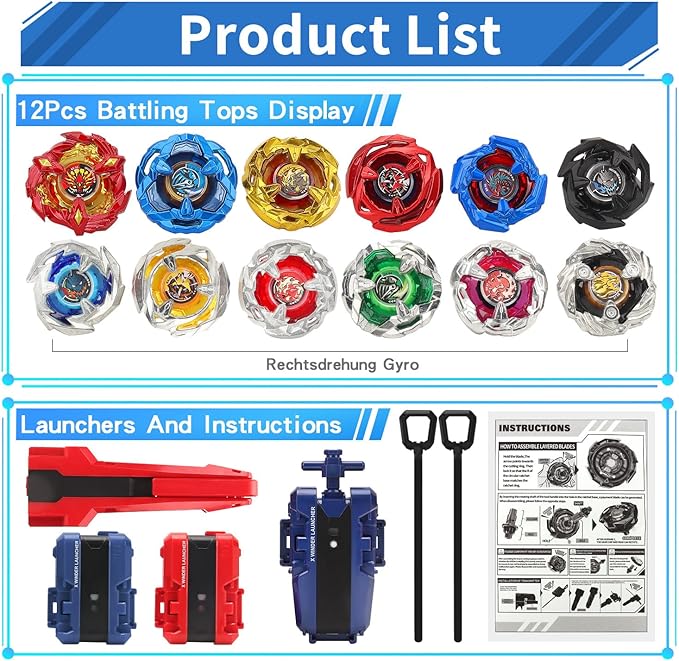 X Battling Top Gyro Toy Set, 12 Spinning Tops, 3 Launchers with Storage Box, Turbo Set Metal Fusion Game,Birthday Gift for Kids Children Boys Ages 6+