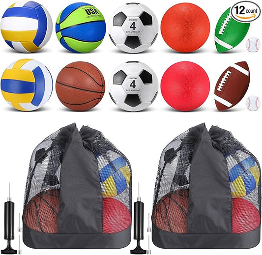 Deekin 12 Pcs Assorted Sport Ball Set Official Size Basketball, Football, Volleyball, Soccer, Baseball, Playground Ball with Bag and Pump Gift for Kid Youth Adult Back to School