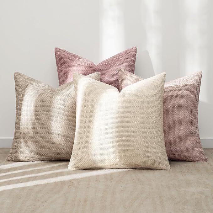 MIULEE Soft Decorative Chenille Pillow Covers Light Pink 20x20 Pack of 4 | Shabby Chic Decor, Romantic Blush Neutral Set, Couch Throw Pillows, Farmhouse Boho Cushion Covers for Sofa Bed Living Room