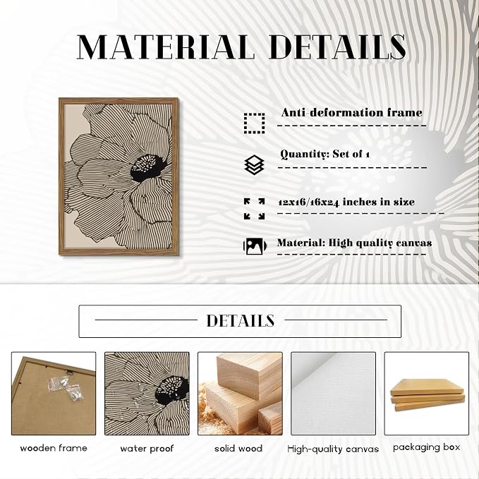 Framed Abstract Floral Wall Art, Neutral Lines Flower Canvas Wall Decor Painting, Modern Minimalist Botanical Poster Print Picture for Living Room Bedroom Bathroom 16x24 Inch