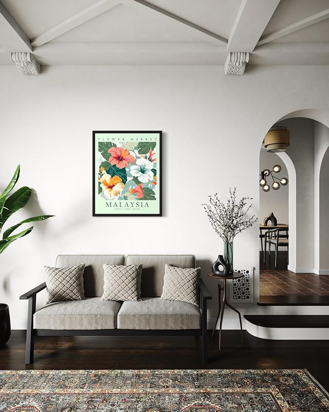 Malaysia Flower Market Art Print Poster, Wall Art Floral Painting Botanical Decor for Bedroom, Kitchen, Bathroom Livingroom Decoration 82B (Malaysia, 20"L x 16"W, Black Frame)