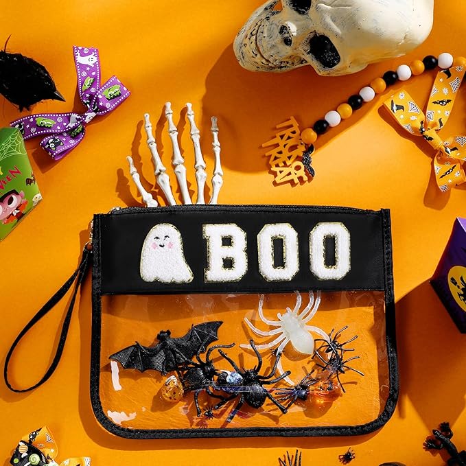 Remerry 2 Pcs Halloween Gifts Chenille Letter Bag Spooky Pumpkin Fall Boo Patch Clear Makeup Cosmetic Toiletry Pouch Nylon PVC Monogram Treat Candy Goodie Bag Preppy Purse Waterproof for Women