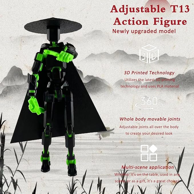 Already Assembled T13 Action Figure,Dummy 13 T13 Multi-Jointed Movable,for Collectors Desktop Decorations t-13 Movability 3D Printed Toys (Black Green)