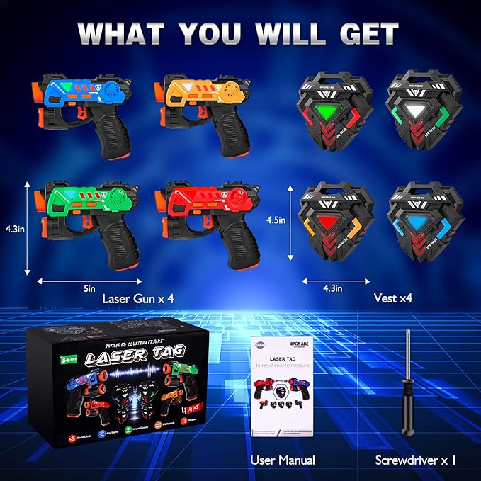 Laser Tag Guns Set of 4, Laser Tag for Boys Age 8-12 with 4 Infrared Vests & 4 Laser Guns, Multi Players Sports & Outdoor Play Toys, Outside Activity Backyard Games