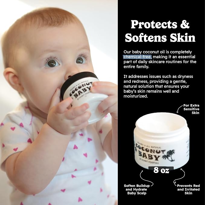 Coconut Essentials COCONUT BABY Oil, Natural & Organic Moisturizer for Newborn Sensitive Skin, Eczema & Psoriasis Relief, Hair Oil for Cradle Cap Treatment, Unscented, Sunflower & Grape Seed 8 fl oz