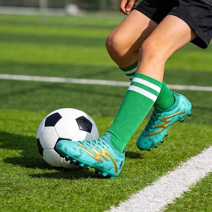 brooman Kids Firm Ground Soccer Cleats Boys Girls Football Shoes with Shin Guards and Soccer Socks