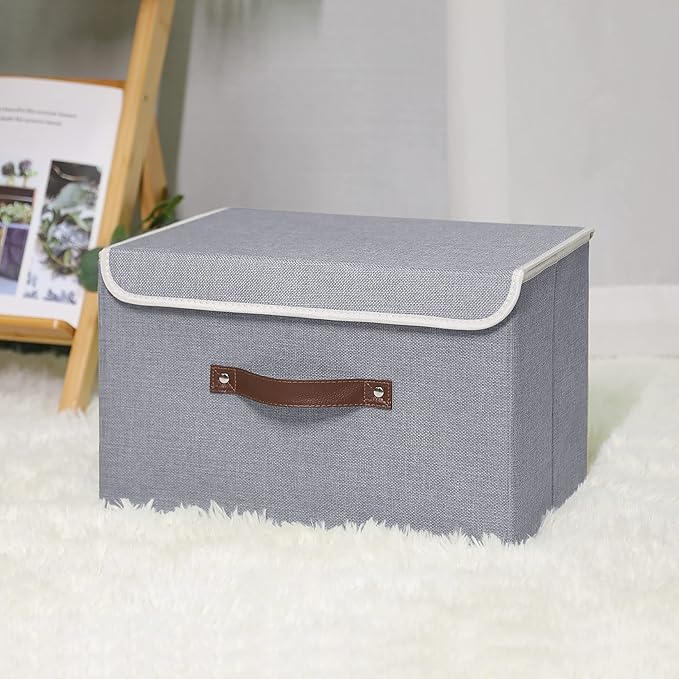 ANMINY Fabric Storage Box Bins with Lids, Gray, 15"x10"x10", 4 Pack | Keepsake Memory Storage, Cotton Linen, PP Board Reinforced, Washable, PU Handles, Foldable & Stackable, Decorative, Large