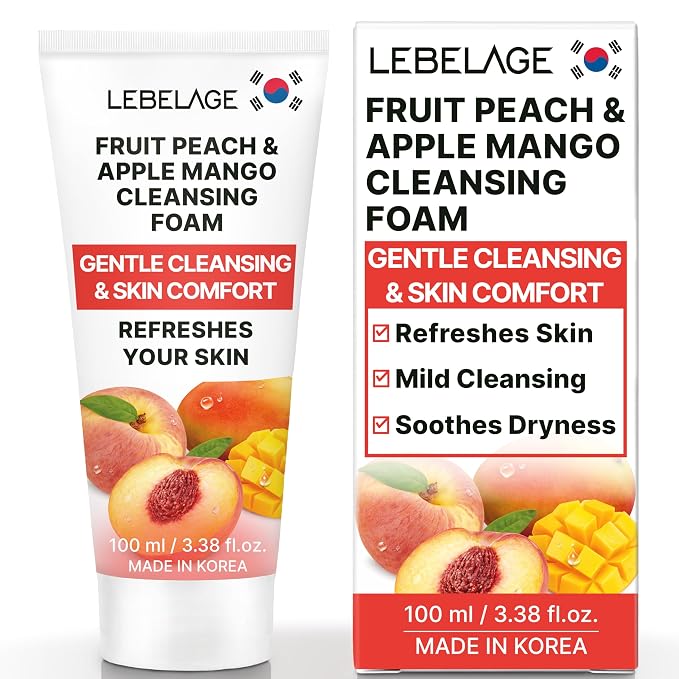 LEBELAGE Korean Peach&Apple&Mango Facial Cleanser 3.38 oz | Cleansing Foam Face Wash | Low pH Gentle Hydrating Daily Facial Cleanser Sensitive Skin | Deep Cleansing Foaming Cleanser, Pore Care