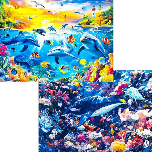 Jigsaw Puzzles for Adults 1000 Pieces - 2-Pack Dolphin Sunset & Deep Sea Puzzle, Puzzle 1000 Pieces, Difficult Jigsaw Puzzles, Vibrant Ocean Art Gift