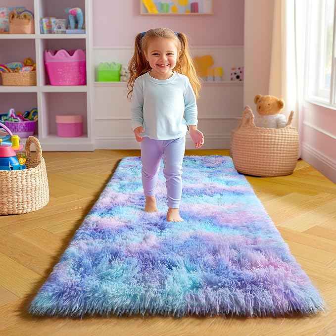 Amdrebio Purple Rainbow Mermaid Fluffy Runner Area Rug 2x6 for Kids Bedroom | Plush Furry Shag Pastel Girls Carpet, Baby Nursery Classroom Dorm Playroom Decor, Cutecore Kidcore Aesthetic, Pink Blue Color