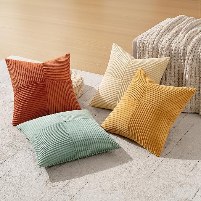 MIULEE Fall Teal-Orange Decorative Throw Pillow Covers 24x24 Inch Set of 4 Boho Corduroy Striped Cushion Cases Modern Farmhouse Patchwork Pillow Cases for Couch Sofa Bedroom Home Decor