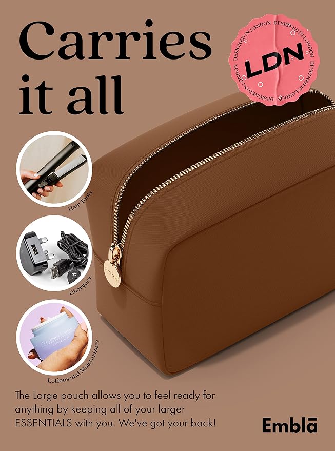 Embla Large Makeup Bag and Waterproof Nylon Travel Toiletry Bag, Large Capacity Cosmetic Zipper Pouch, Dark Brown