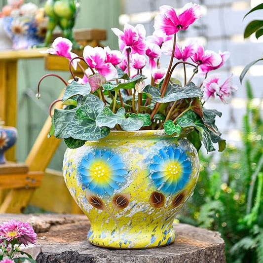 Sungmor 9 Inch Hand Painted Ceramic Succulent Plant Pots - Yellow & Daisy | Vintage Decorative Pottery Planters for Indoor Outdoor Plants, Table Centerpieces & Flower Arrangement Home Decor