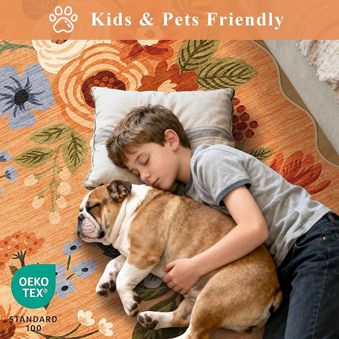 DUKINO 2x8 Washable Runner Rug, Floral Non Slip Kitchen Runner Rug, Orange | Low Pile, Soft Throw Rug Runner for Hallway, Entryway, Bedroom, Bathroom, Pet Friendly, Stain Resistant, Home Decor