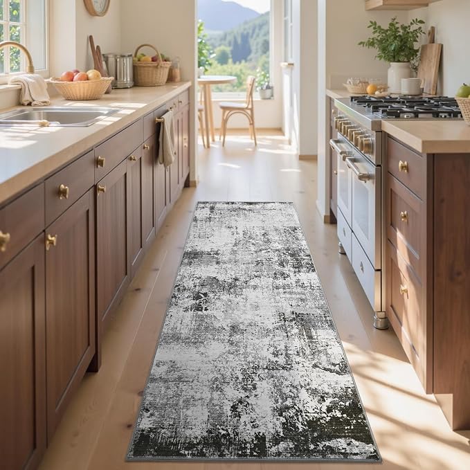 2x6 Ft Washable Runner Rug, Non-Slip Low Pile Hallway Kitchen Area Rug, Soft Long Entryway Floor Mat Abstract Pattern Carpet for Bedside & High-Traffic Areas (Grey)